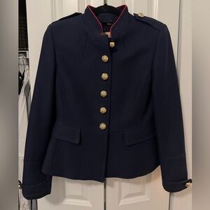 Burberry Navy Military-Style Blazer with Gold Buttons and Red Trim